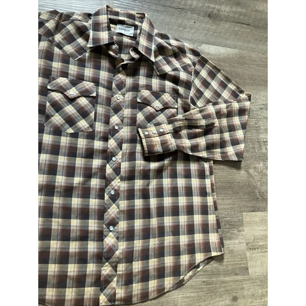 Vintage Campus Rugged Country Mens Brown Plaid Pearl Snap Western Shirt Large - Picture 2 of 8